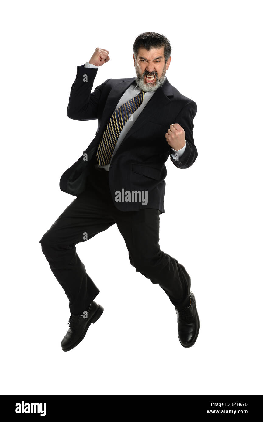 Imprenditore ispanica salti di gioia isolate su sfondo bianco Foto Stock