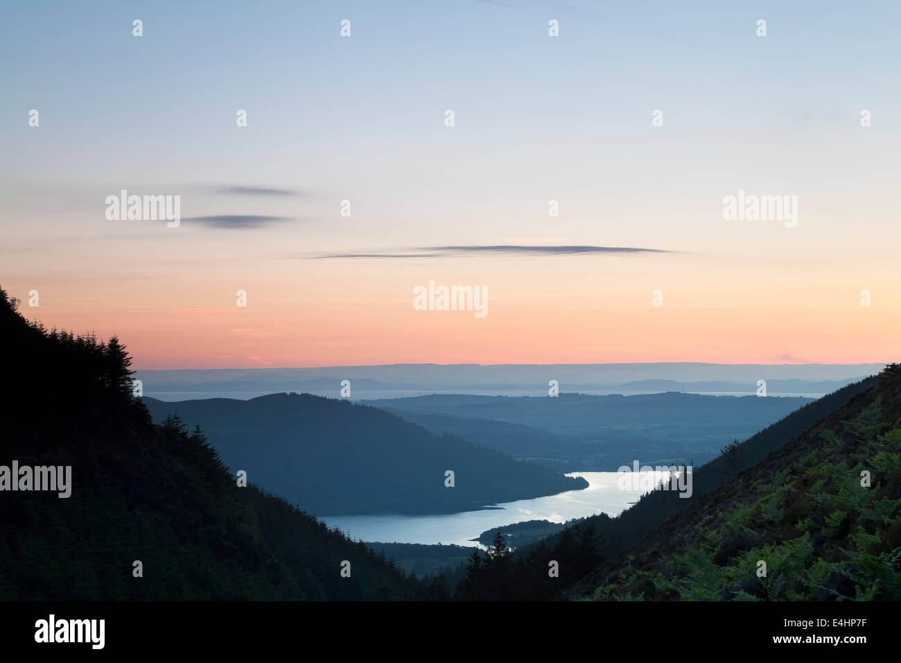 Tramonto sul lago Bassentwaite da vicino Dodd, Cumbria, Regno Unito Foto Stock