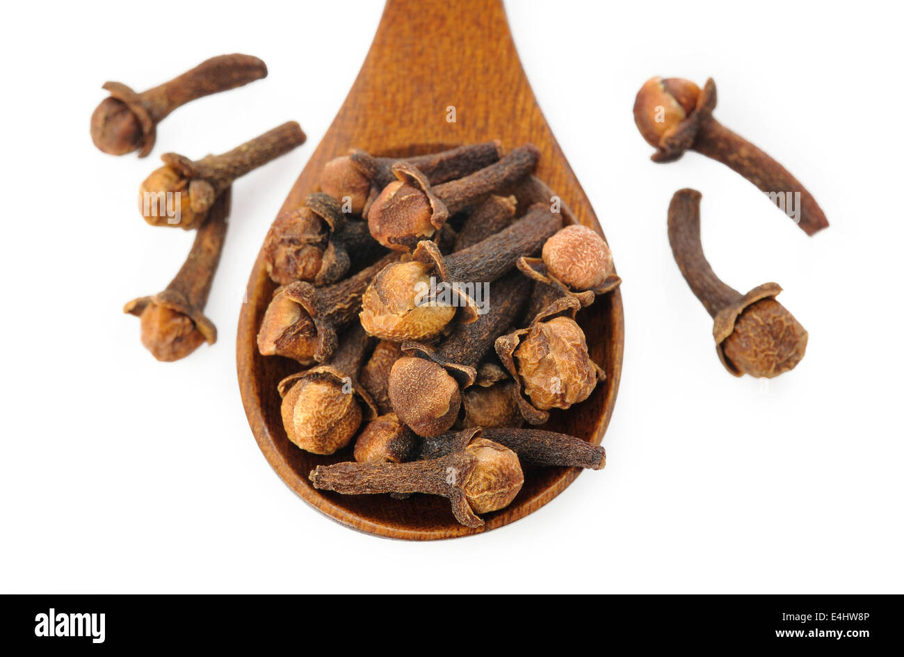 Chiodo di garofano spezie e cucchiaio di legno isolato su sfondo bianco Foto Stock