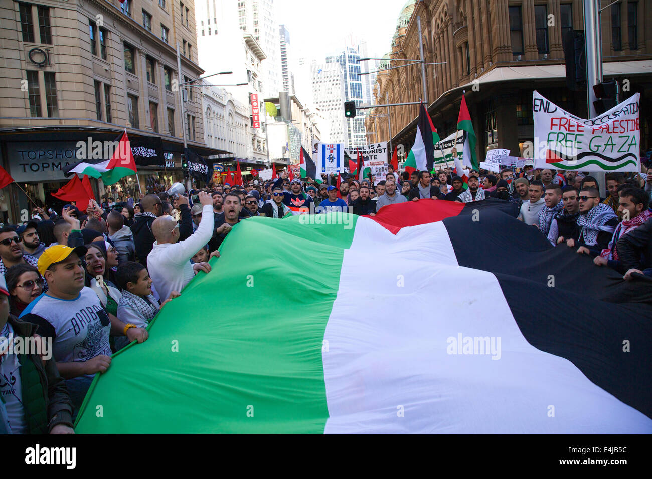 Sydney, NSW, Australia. Il 13 luglio 2014. La bandiera palestinese viene trasportato lungo George Street a Sydney dai manifestanti come essi marzo in solidarietà con la Palestina. Secondo le stime, il numero di coloro che partecipano a circa 4.000. Copyright Credit: 2014 Richard Milnes/Alamy Live News Foto Stock