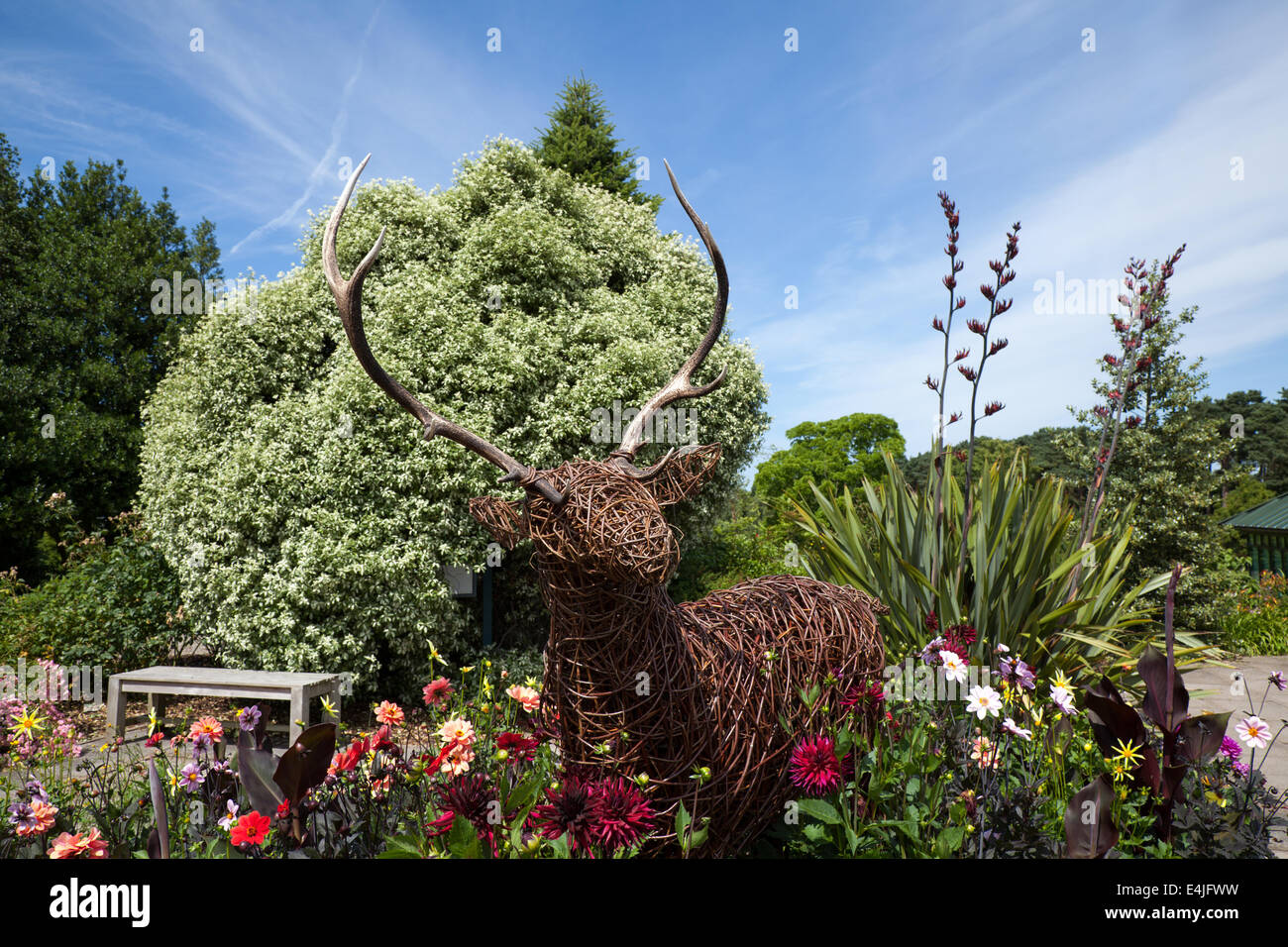 Wickerwork, intrecciati o intrecciati ramoscelli o osiers Deer statue in premiati giardini superbi a Ness, Wirral Peninsula, con vista sull'estuario del Dee, Regno Unito Foto Stock
