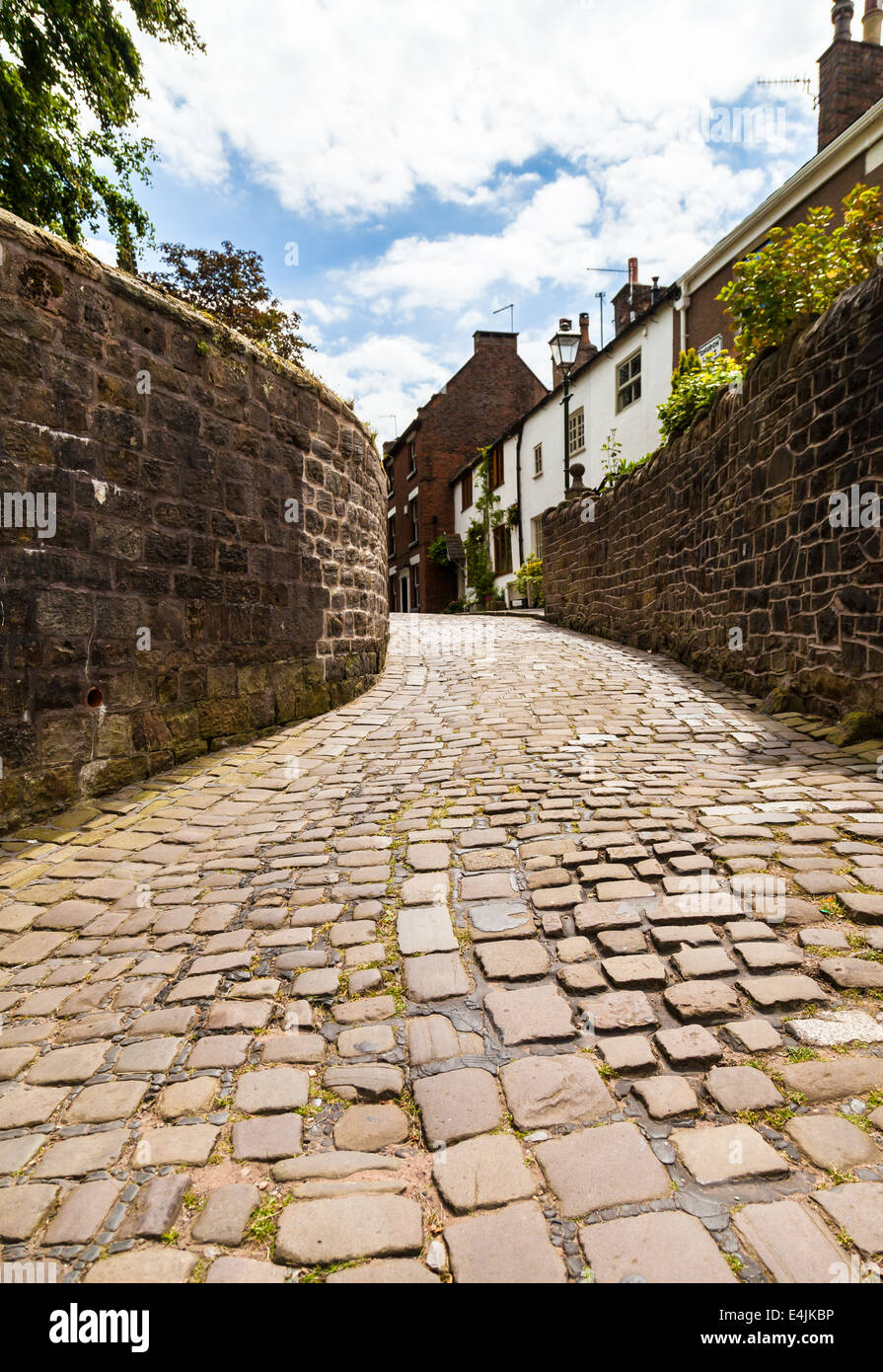 Basso angolo di visualizzazione di una strada a ciottoli, sfera lane, porro Staffordshire Inghilterra Foto Stock