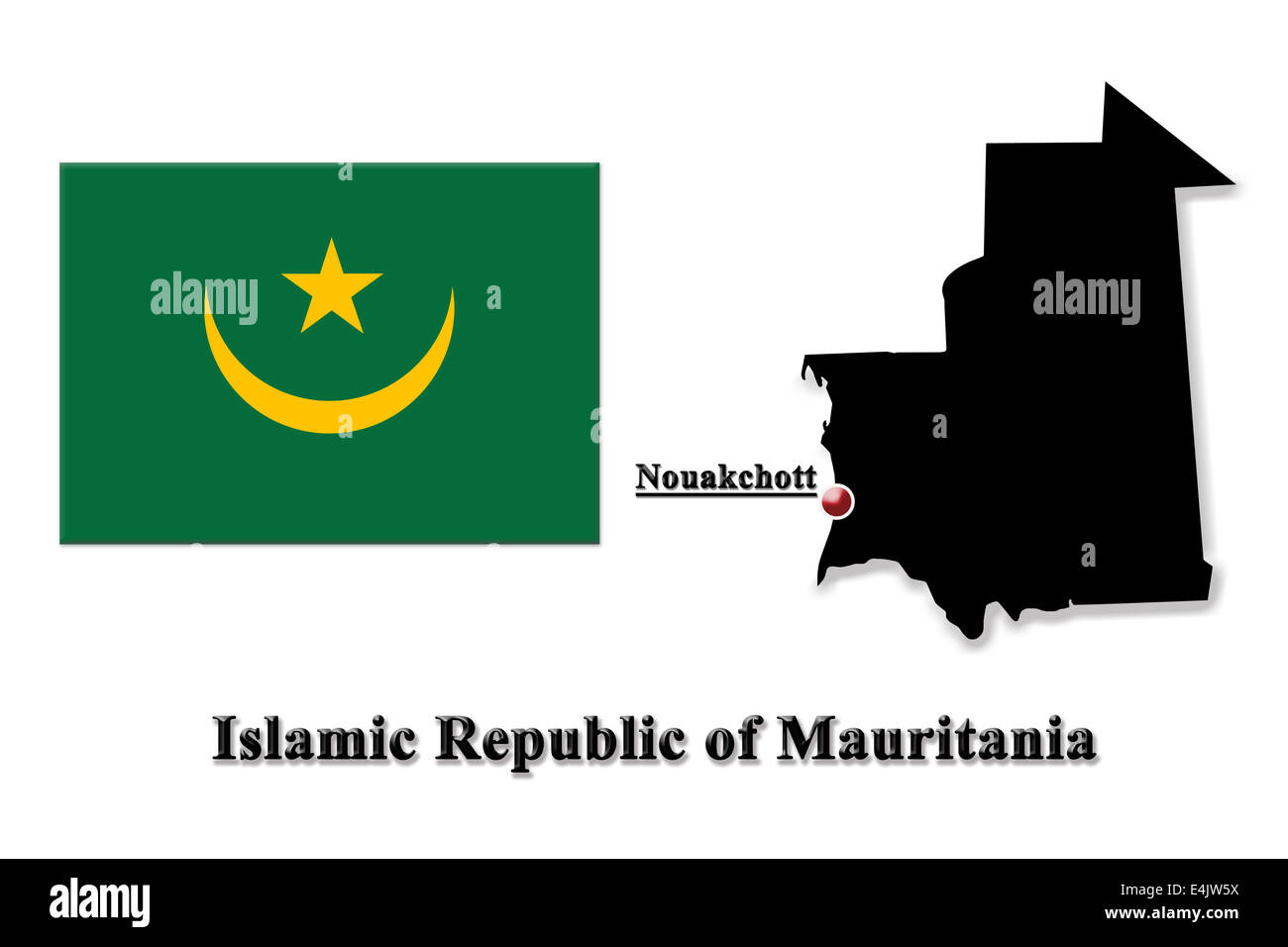 Silhouette nera della mappa della Repubblica islamica di Mauritania con bandiera e la designazione della capitale Foto Stock