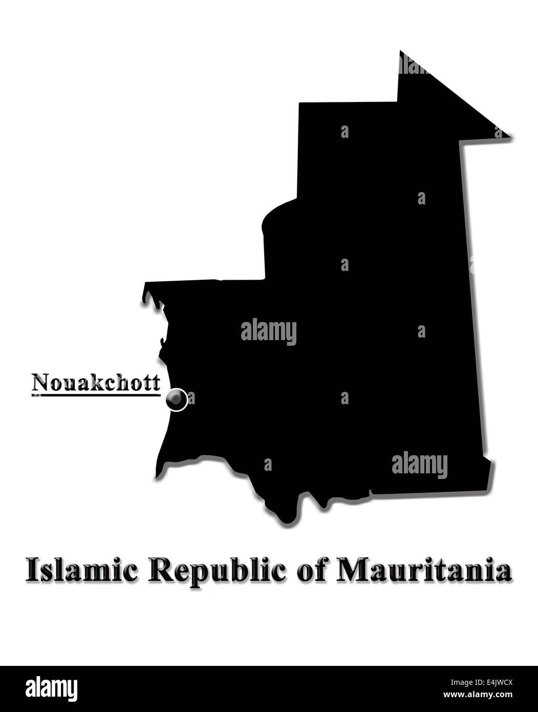 Silhouette nera della mappa della Repubblica islamica di Mauritania con bandiera e la designazione della capitale Foto Stock