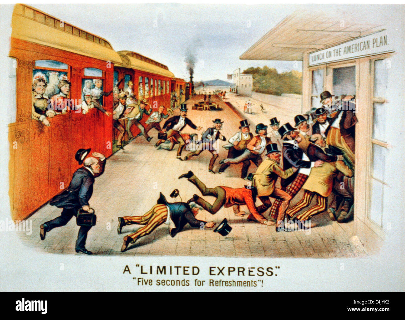 Una limitata Express - cinque secondi per rinfreschi - Passeggeri rush attraverso una stazione piattaforma da un treno a sinistra spingendo e spingendo il loro modo attraverso la stazione di porta. Un segno sopra la porta recita "Pranzo sul piano americano.', circa 1884 Foto Stock