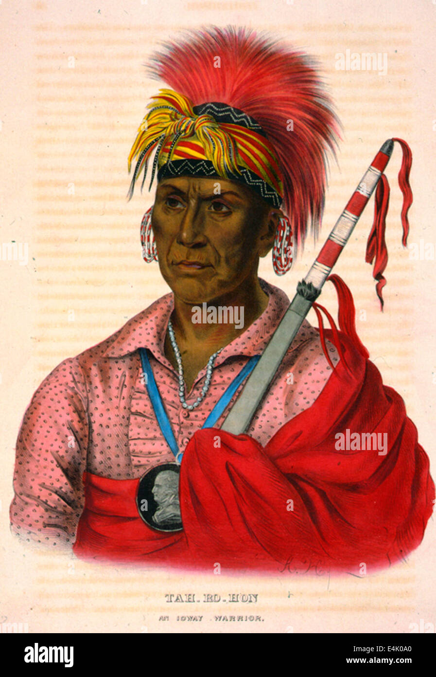 Tah-Ro-on. Un Guerriero Ioway, tenendo Calumet, indossando il ritratto medaglione, circa 1838 Foto Stock