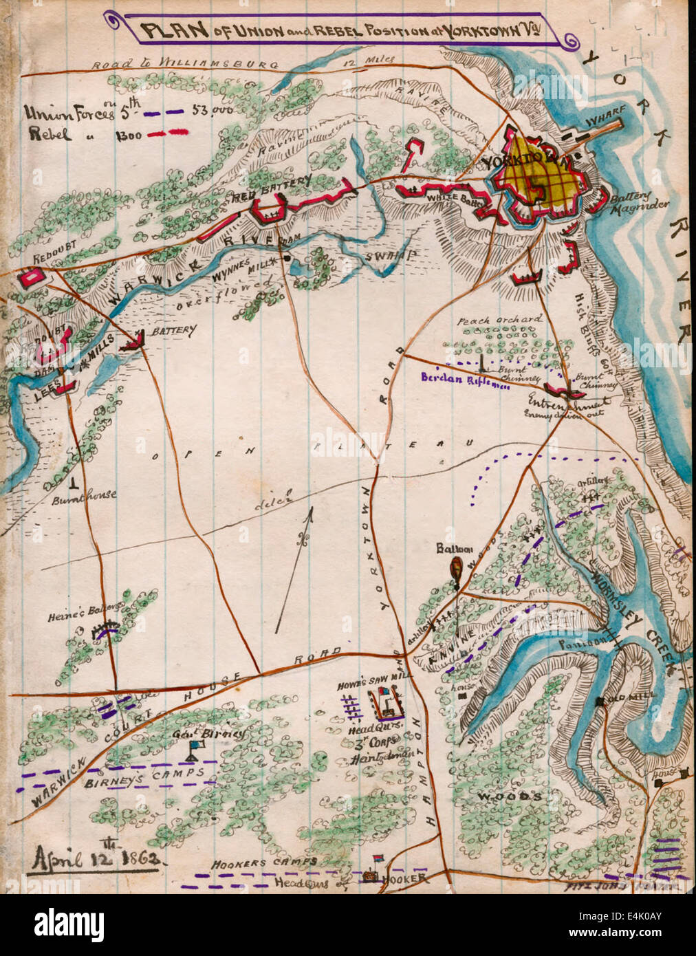 Piano di unione e posizione di ribelle a Yorktown Virginia, USA GUERRA CIVILE 1862 Foto Stock