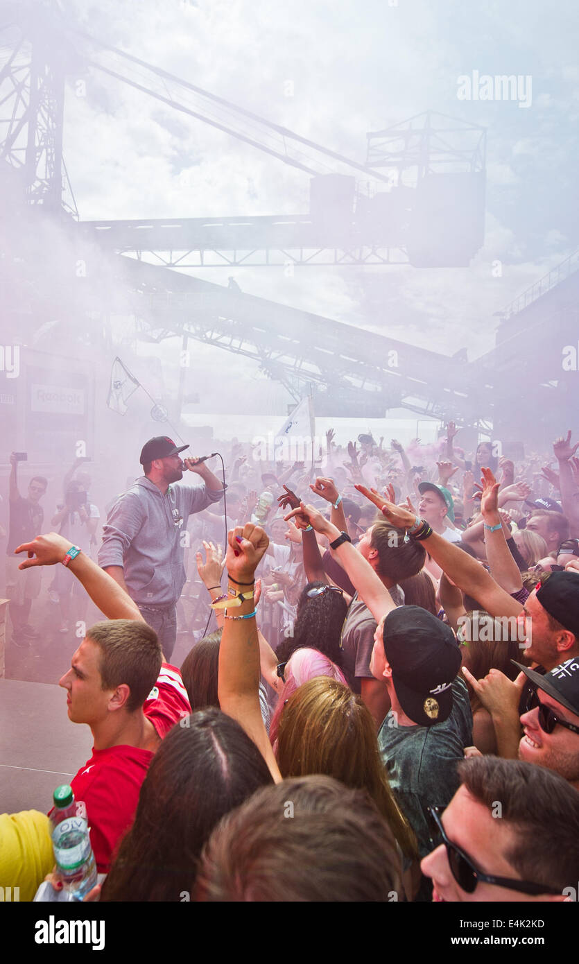 Graefenhainichen, Germania. 12 Luglio, 2014. I frequentatori del festival a ballare con la musica di artista rap Marteria (L, sul palco) durante il 'Splash' hip-hop festival in Graefenhainichen, Germania, 12 luglio 2014. Circa 20000 i frequentatori del festival stanno frequentando il 2014 edizione del festival, segnando un completo venduto. Foto: Ole Spata/dpa/Alamy Live News Foto Stock