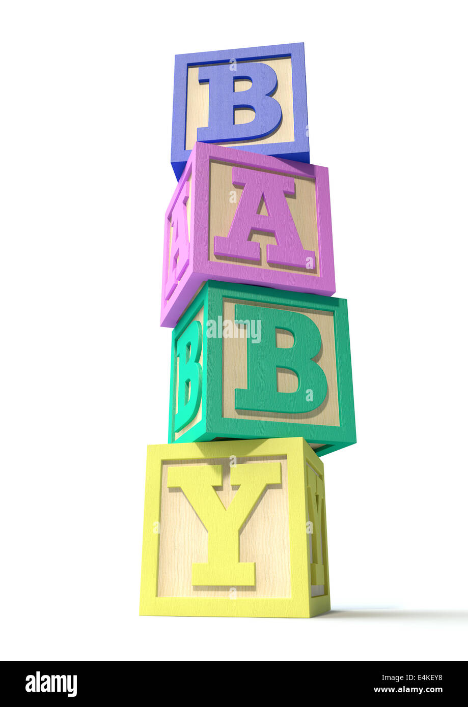 Una pila di quattro regolari baby blocchi in vari colori l'ortografia della parola baby isolato su un fondo bianco Foto Stock