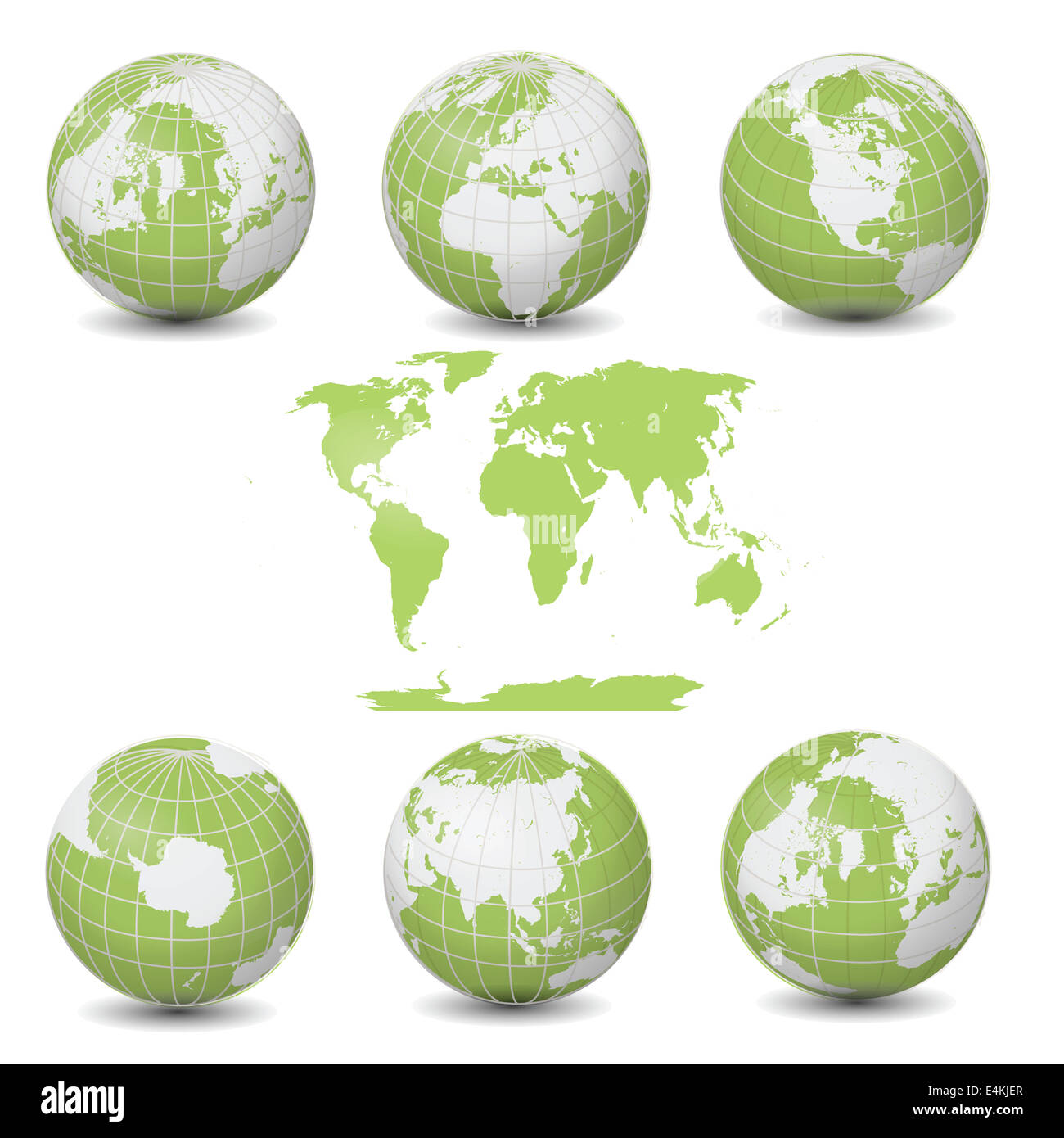 Terra verde globi raccolta con mappa del mondo Foto Stock