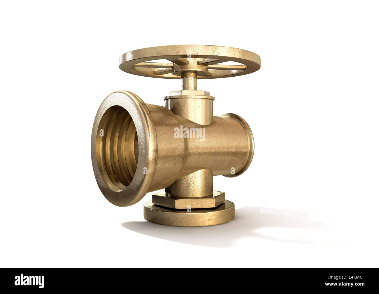 Un regolare plumbing ottone spegnere il rubinetto isolato su sfondo bianco Foto Stock