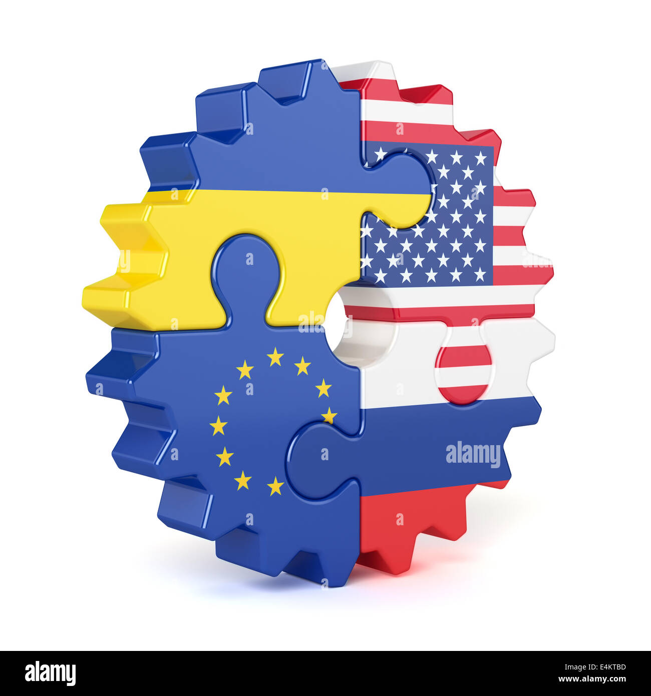 Ingranaggio di puzzle di una pila di bandiere Unione Europea, USA, Russia e Ucraina. Isolato su sfondo bianco Foto Stock