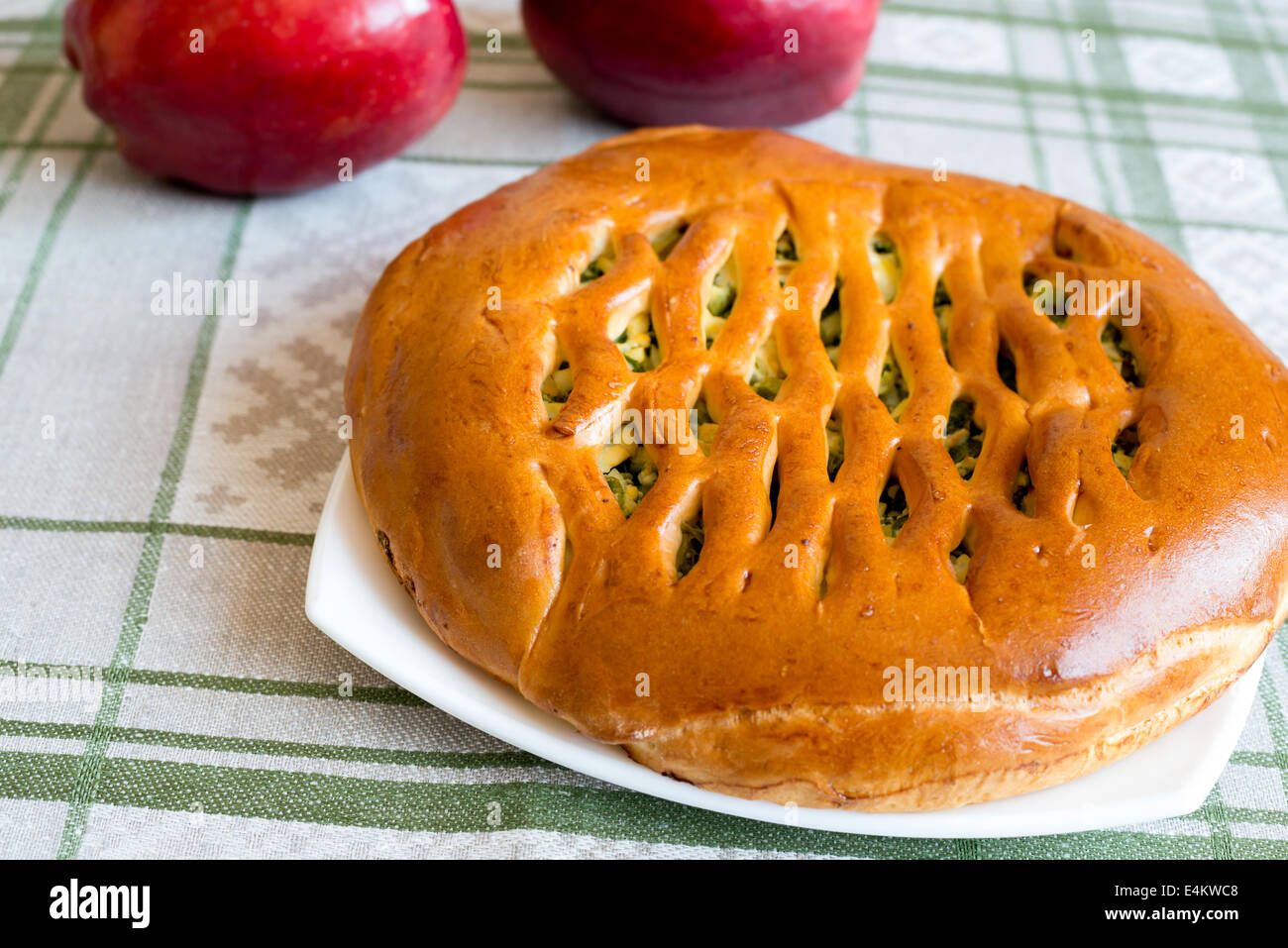 Torta fatta in casa con uova e le cipolle verdi Foto Stock