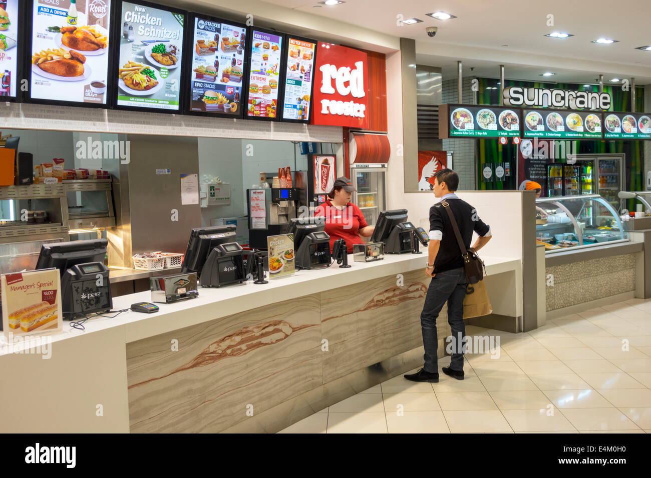 Brisbane Australia, Queen Street Mall, food Court plaza, Red Rooster, fast food, ristoranti, ristoranti, caffè, banco, cliente, AU140314172 Foto Stock