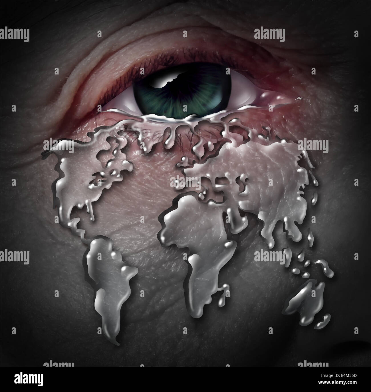 La crisi globale e il globe lo stress con un essere umano la lacrima scorre da una triste occhio ribassata sagomata come una mappa del mondo come un concetto di danno ambientale per il pianeta o di un contesto economico internazionale concetto problema. Foto Stock
