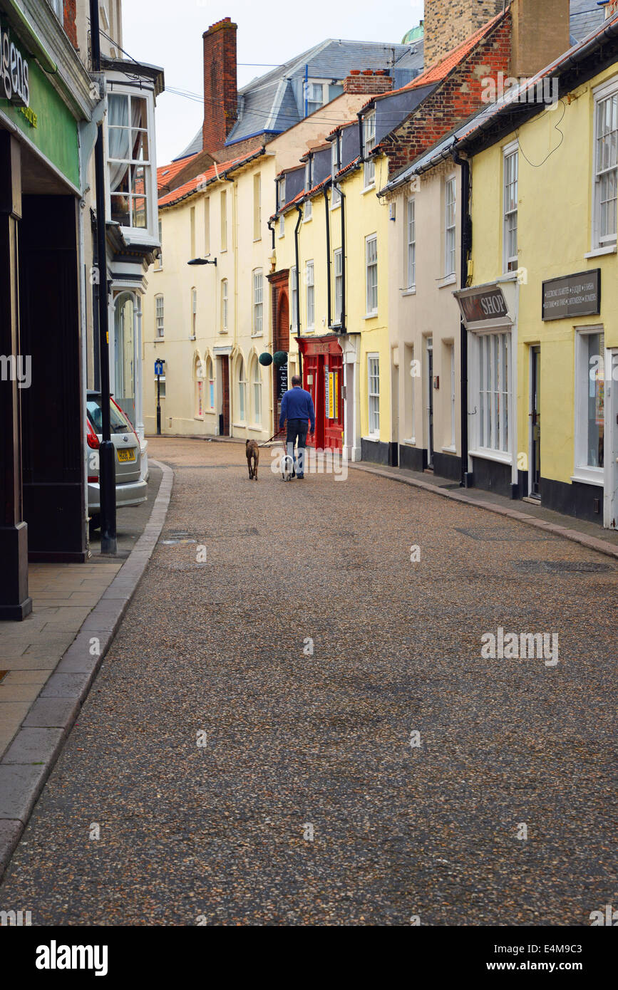 Uomo che cammina i cani in strada laterale nella città costiera di Cromer Regno Unito Inghilterra Foto Stock
