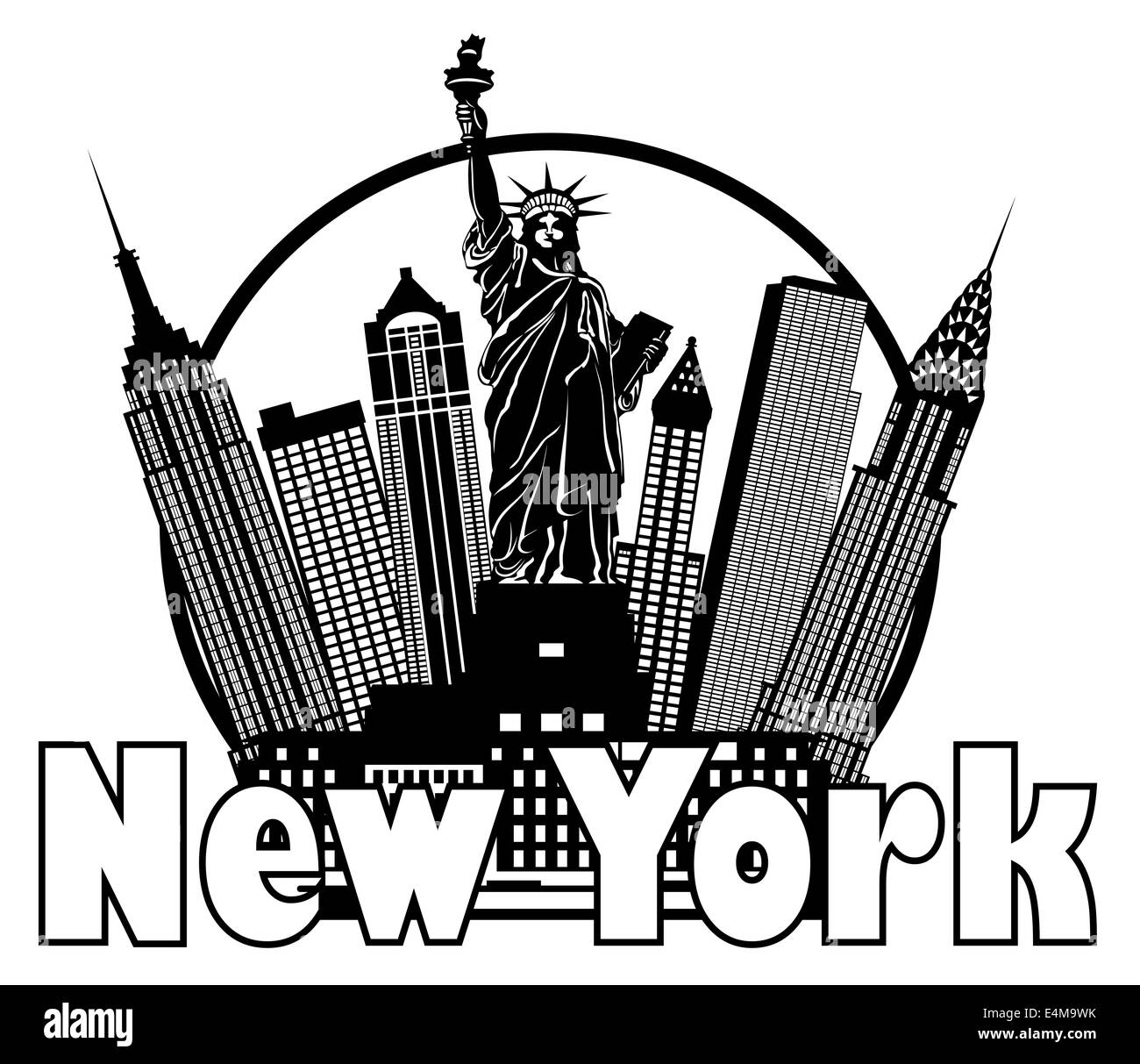 New York skyline della città con la Statua della Libertà in Bianco e Nero Cerchio delineare con illustrazione di testo Foto Stock New York skyline della città con la Statua della Libertà in Bianco e Nero Cerchio delineare con illustrazione di testo Foto Stock
