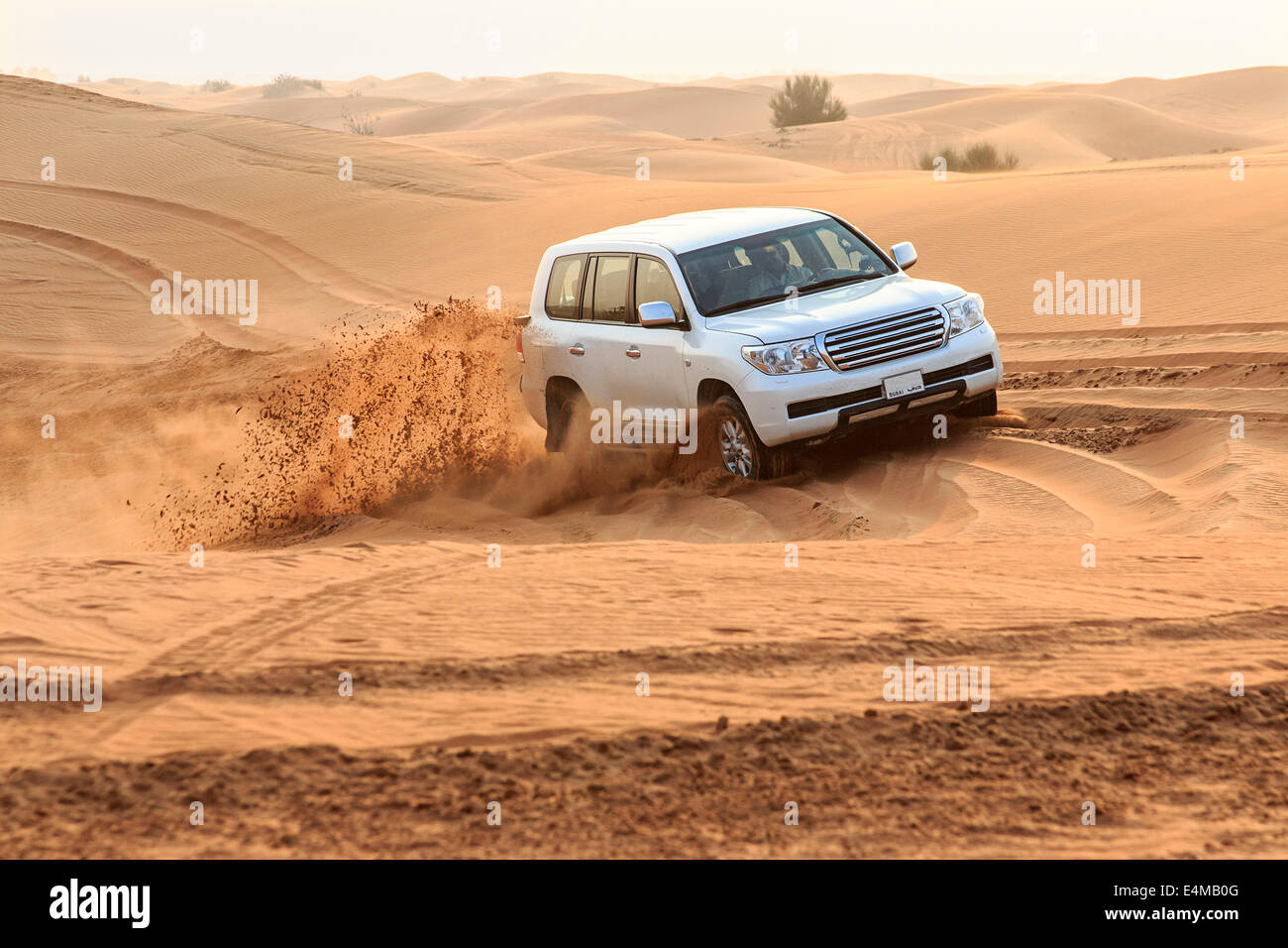 Traversata delle Dune tra le dune di sabbia al di fuori di Dubai, EAU. Nessun marchio logo su Auto o licenza i numeri di tag Foto Stock