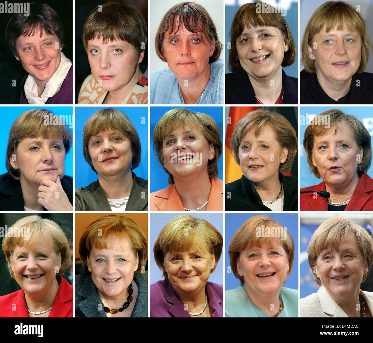 COMBO - una combinazione di foto fatta off archivio foto dagli anni 1991 fino a 2014 mostra Angela Merkel in momenti diversi della sua carriera politica dopo la riunificazione tedesca. (TOP-L-R) 1991, 1994, 1997, 2000, 2002, 2003; (medio-L-R) 2003, 2004, 2005, 2006, 2007; (FONDO L-R) 2008, 2010, 2011, 2013 e 2014. Merkel spire 60 il 17 luglio 2014. Foto: dpa Foto Stock