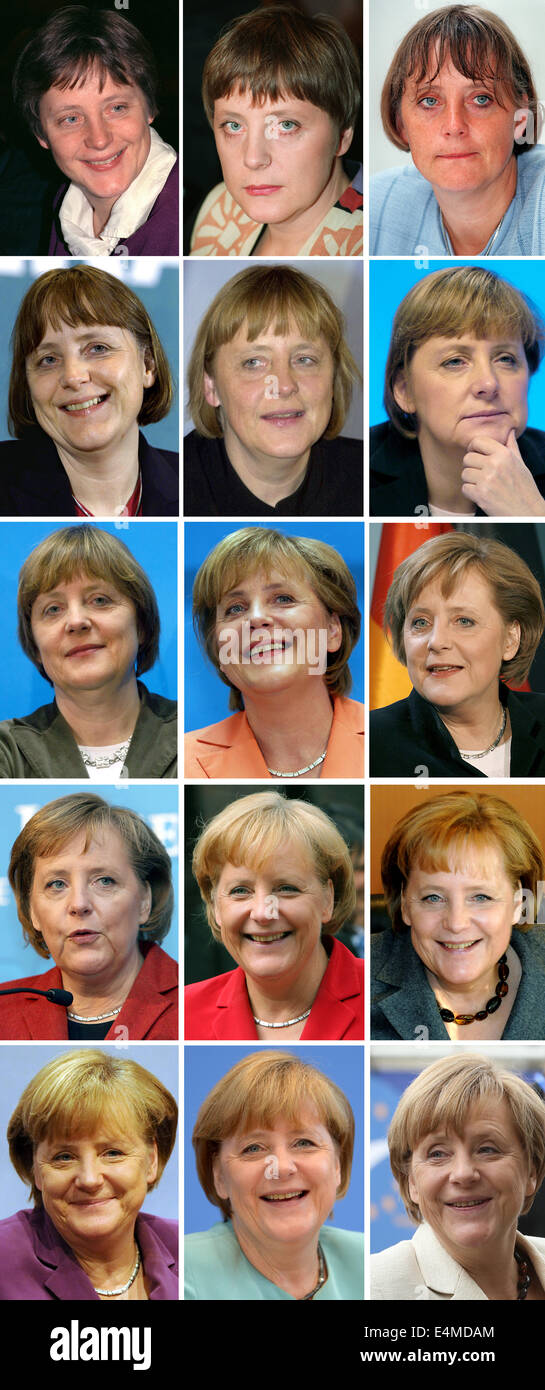 COMBO - una combinazione di foto fatta off archivio foto dagli anni 1991 fino a 2014 mostra Angela Merkel in momenti diversi della sua carriera politica dopo la riunificazione tedesca. (Prima riga L-R) 1991, 1994, 1997; (seconda riga L-R) 2000, 2002, 2003; (terza riga L-R) 2004, 2005, 2006; (quarta fila L-R) 2007, 2008, 2010; (quinta fila L-R) 2011, 2013 e 2014. Merkel spire 60 il 17 luglio 2014. Foto: dpa Foto Stock