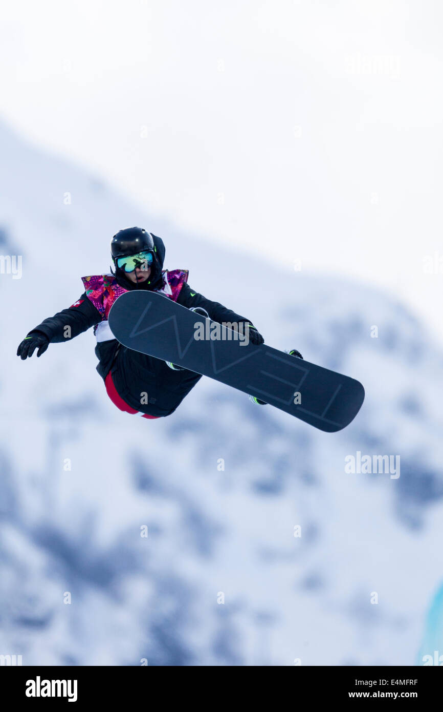 Jan Scherrer (SUI) concorrenti negli uomini Snowboard Halfpipe presso i Giochi Olimpici Invernali, Sochi 2014 Foto Stock