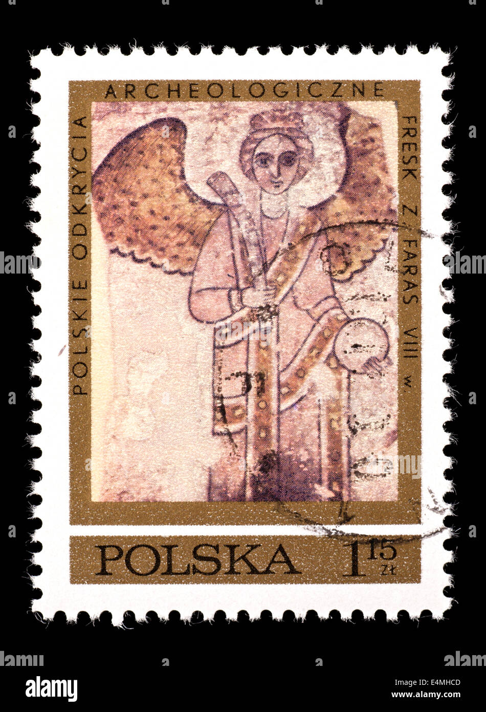 Francobollo dalla Polonia raffigurante un affresco dalla Cattedrale di Faras raffigurante San Michele. Foto Stock