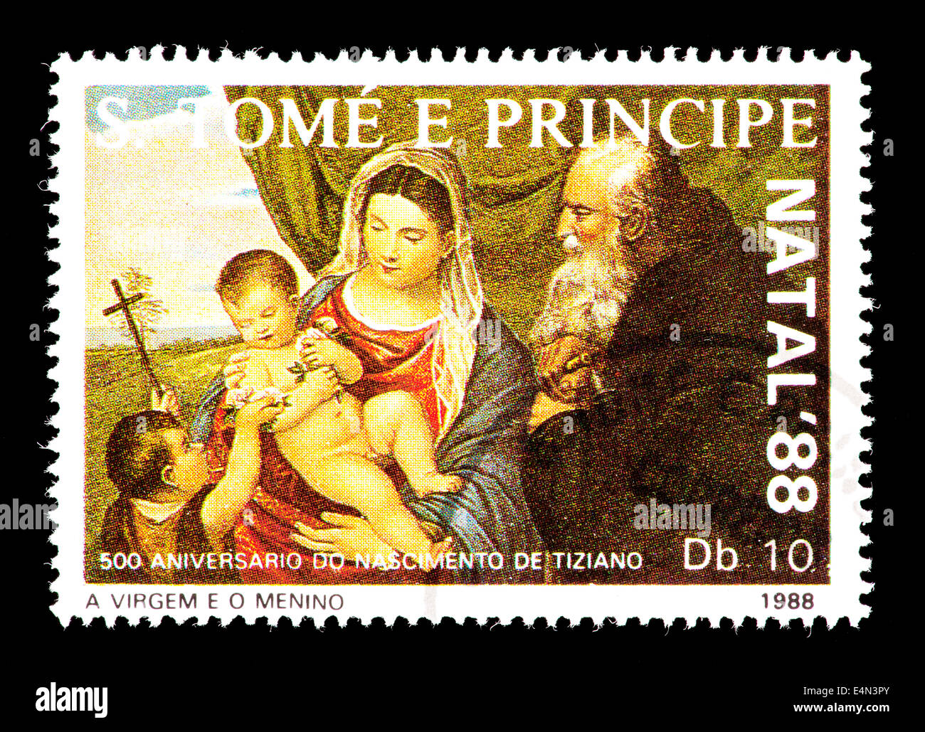 Timbro dal San Tommaso e Principe isole: Tiziano pittura "Madonna con Bambino e San Antonio Abbott e il Battesimo dei bambini" Foto Stock