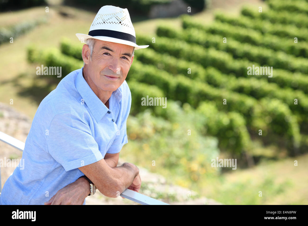 Senior visitando un vigneto Foto Stock