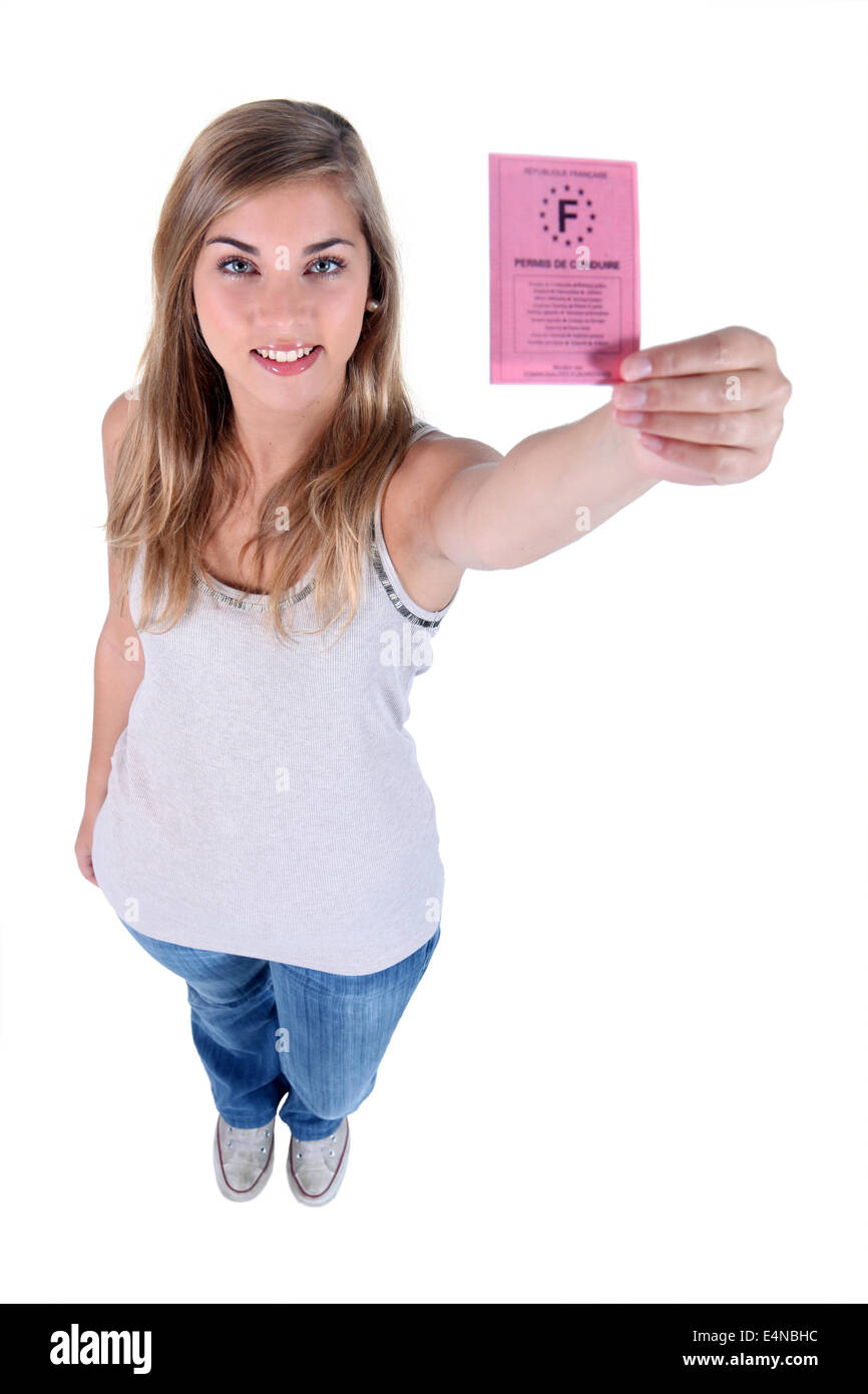 Giovane donna francese con una patente di guida Foto Stock