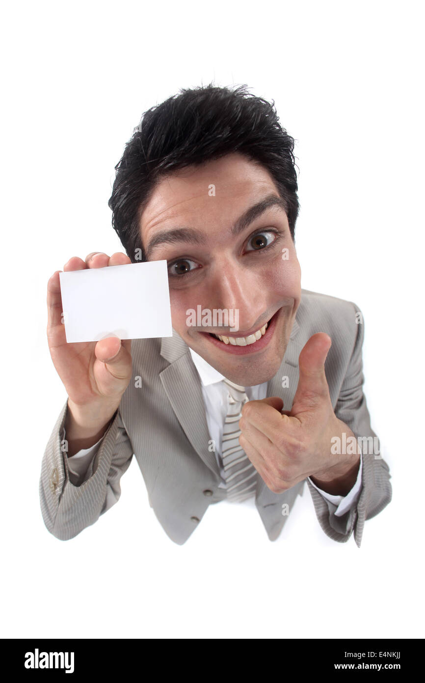 Imprenditore tenendo in mano il suo biglietto da visita Foto Stock