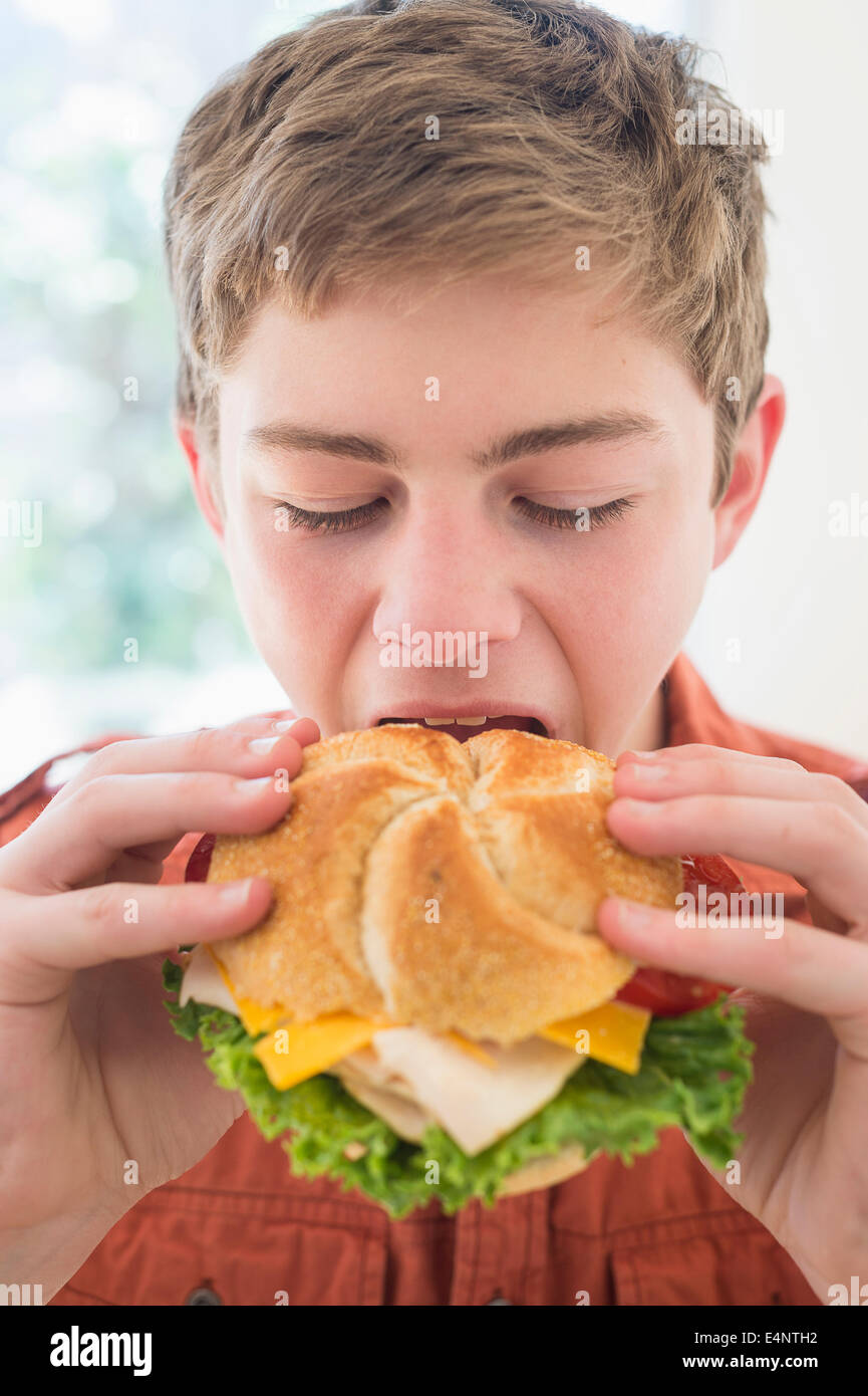 Ragazzo adolescente (16-17) mangiare formaggio e sandwich di tacchino Foto Stock