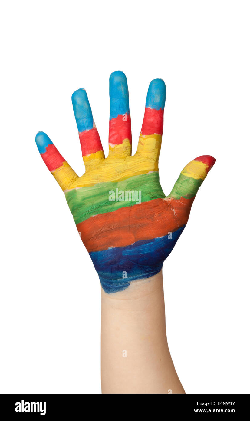 La mano di un bambino dipinta con colori diversi isolati su sfondo bianco Foto Stock
