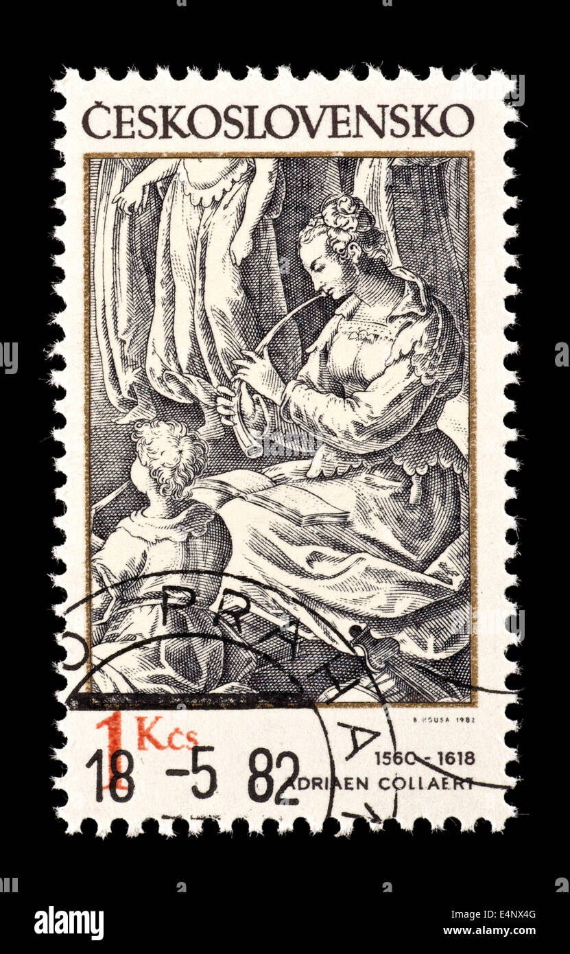 Francobollo dalla Cecoslovacchia raffigurante il Adriaen Collaert incisione "Donna flautista' Foto Stock