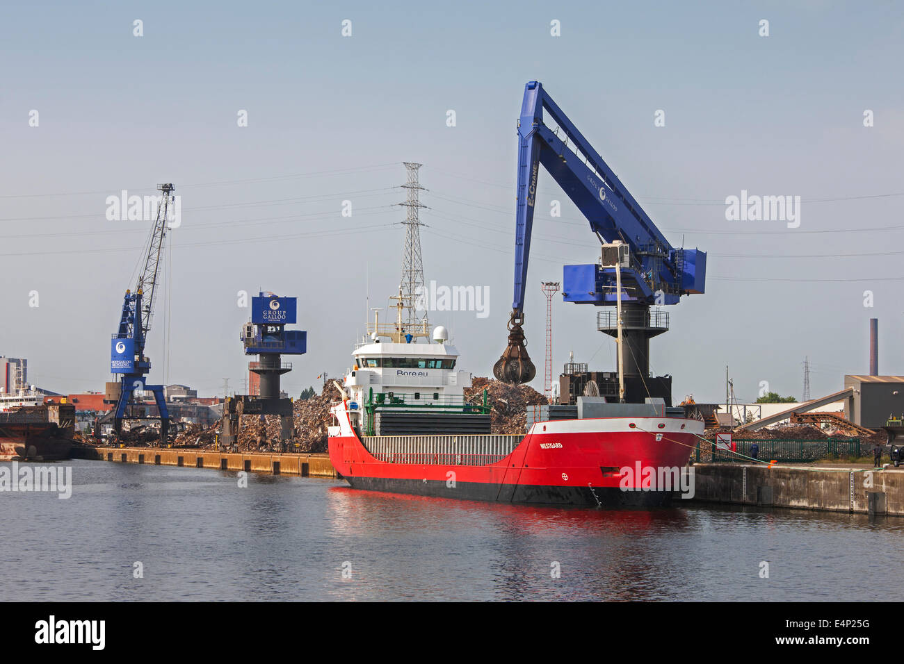 E-gru, rottami di caricamento con gru metallo riciclato sulla nave cargo presso Van Heyghen riciclaggio terminale di esportazione, porto di Ghent, Belgio Foto Stock