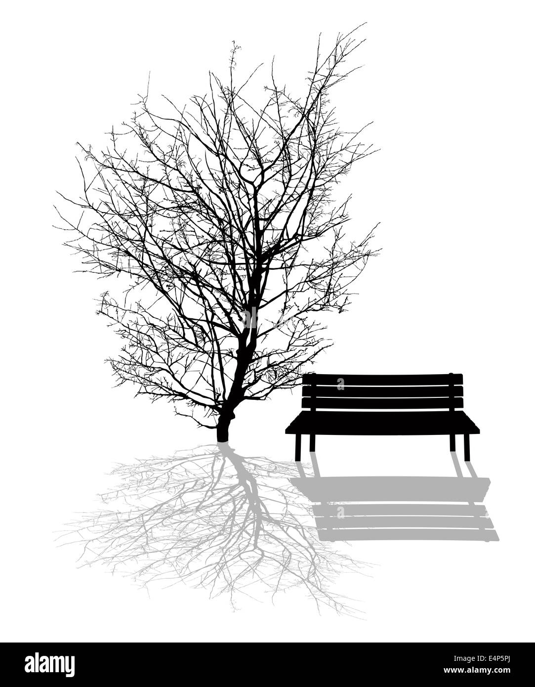 Parco illustrazione della scena con struttura ad albero e una panchina nel parco sagome Foto Stock