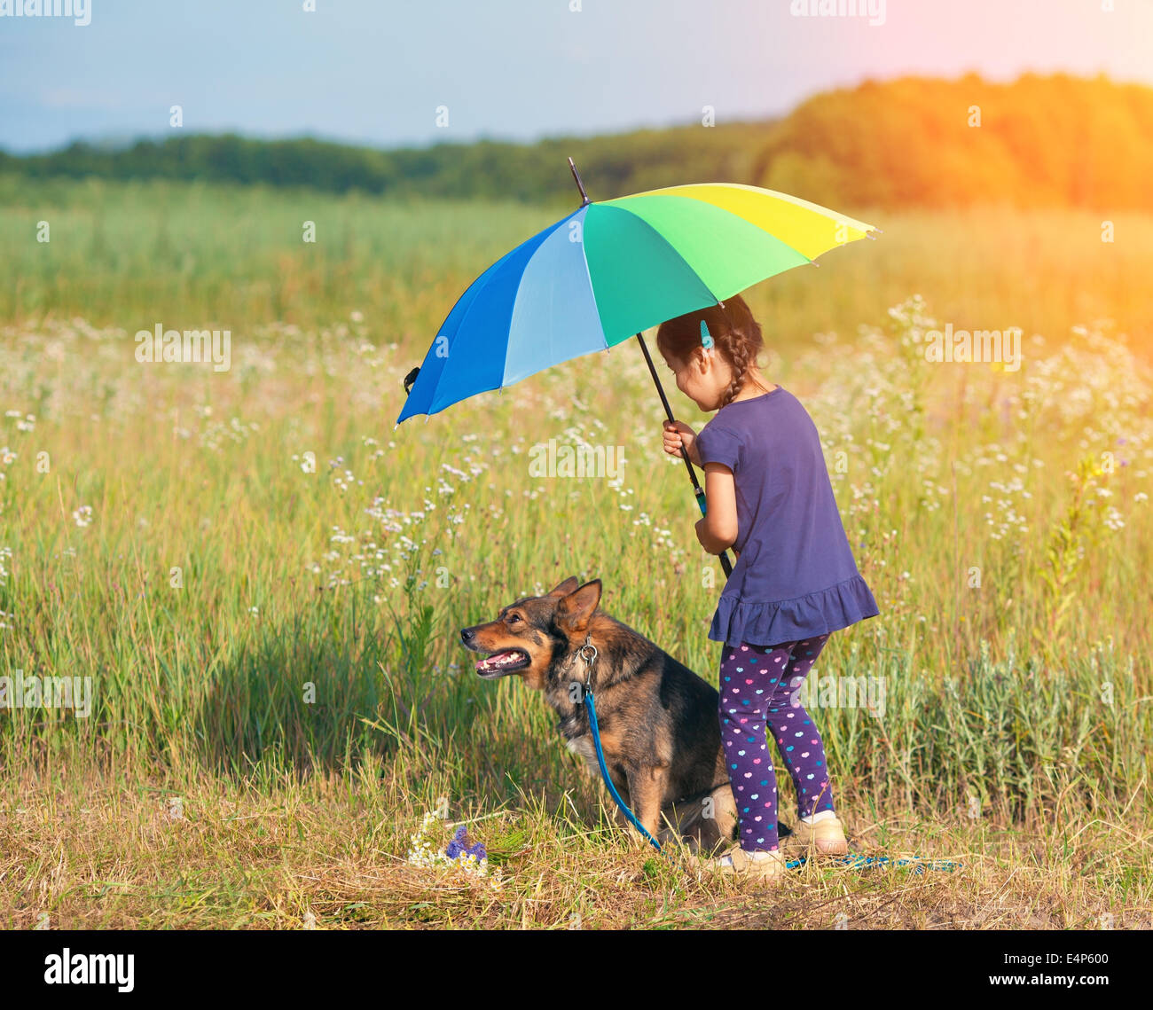 Bambina con cane sotto ombrellone in tempo soleggiato Foto Stock