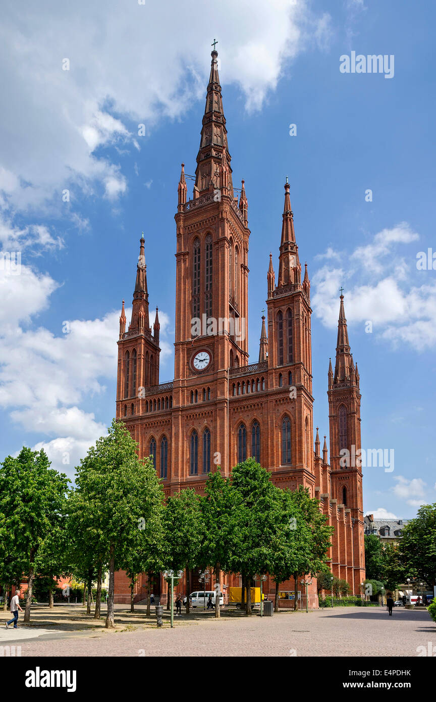 Edificio di mattoni, neo-gotica chiesa Marktkirche, Wiesbaden, Hesse, Germania Foto Stock