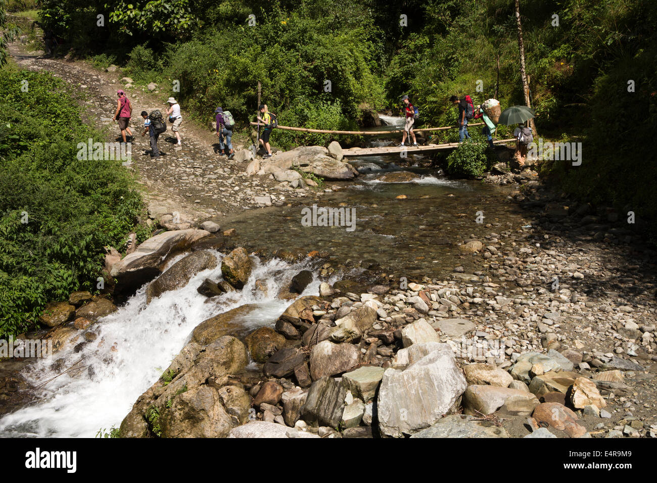 Il Nepal, Pokhara, Naya Pul, trekking parte attraversamento ruscello di montagna sul ponte di bambù Foto Stock