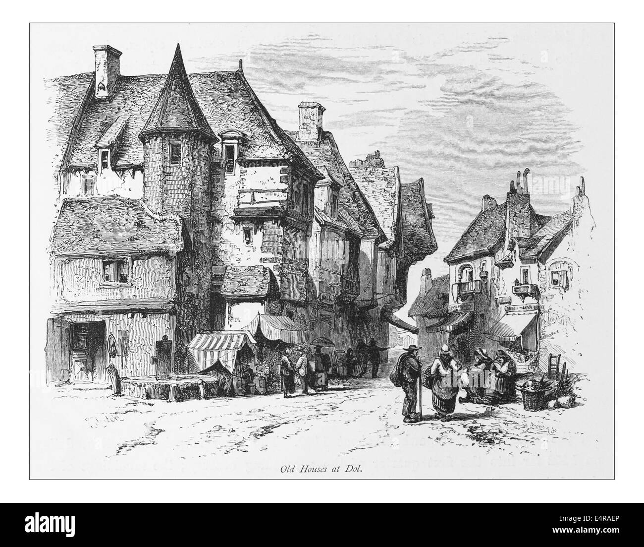 Le vecchie case a Dol, Francia Normandia Illustrazione da "Le isole britanniche - Cassell Petter & Galpin Parte 8 pittoresco l'Europa. Il pittoresco Europa è stata illustrata una serie di riviste pubblicate da Cassell Petter, Galpin & Co. di Londra, Parigi e New York in 1877. Le pubblicazioni turistiche raffigurato tormenta in Europa, con le descrizioni di testo e acciaio e legno incisioni da eminenti artisti del tempo, come Harry Fenn, William H J Boot, Thomas C. L. Rowbotham, Henry T. Green , Myles B. Foster John Mogford , David H. McKewan, William L. Leitch, Edmund M. Wimperis e Giuseppe B. Smith. Foto Stock