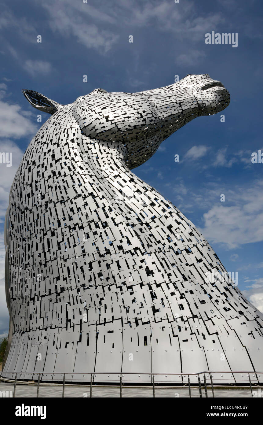 Uno dei Kelpies, 30 metro alto scuptures di Clydesdale teste di cavallo in corrispondenza dell'elica, vicino a Falkirk in Scozia centrale. Foto Stock