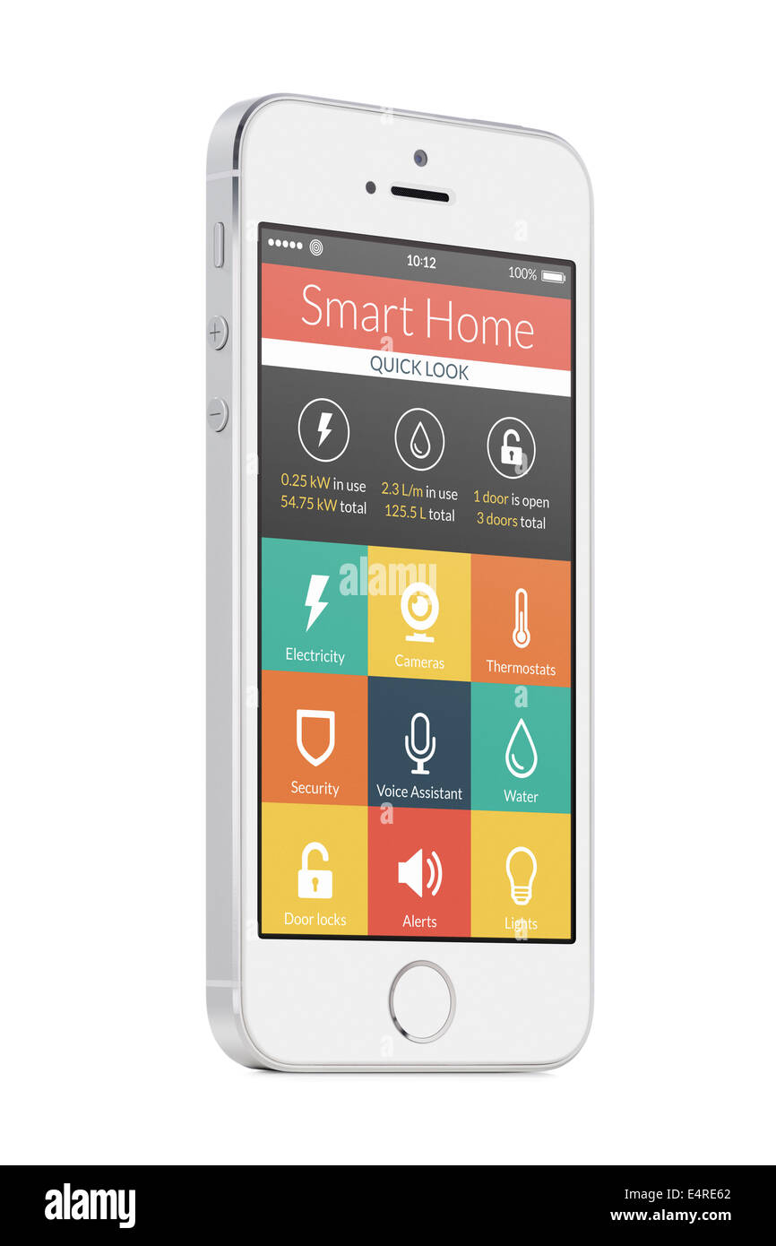 Smart home applicazione sullo schermo dello smartphone isolati su sfondo bianco. Per accedere a tutti i comandi della tua casa d Foto Stock Smart home applicazione sullo schermo dello smartphone isolati su sfondo bianco. Per accedere a tutti i comandi della tua casa d Foto Stock