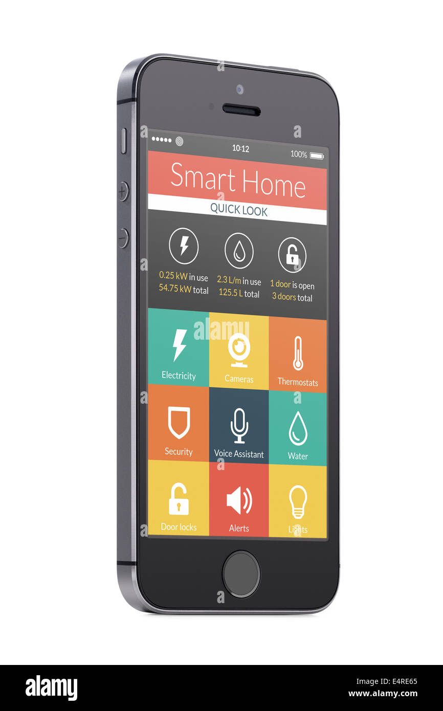 Smart home applicazione sullo schermo dello smartphone isolati su sfondo bianco. Per accedere a tutti i comandi della tua casa d Foto Stock Smart home applicazione sullo schermo dello smartphone isolati su sfondo bianco. Per accedere a tutti i comandi della tua casa d Foto Stock