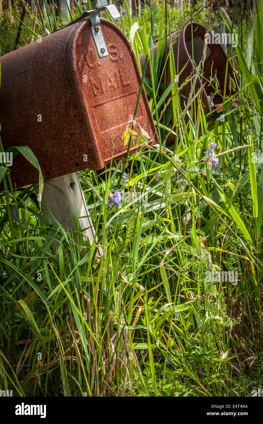 Due di questi sono di età arrugginimento U.S. Le caselle di posta sul lato di questa strada rurale che non abbiano avuto la posta consegnata loro in molti anni. Foto Stock