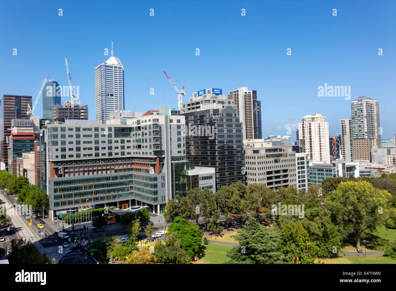 Melbourne Australia, William Street, alto, edifici, grattacieli, skyline della città, gru edili, Flagstaff Gardens, pubblico, parco, AU140319005 Foto Stock