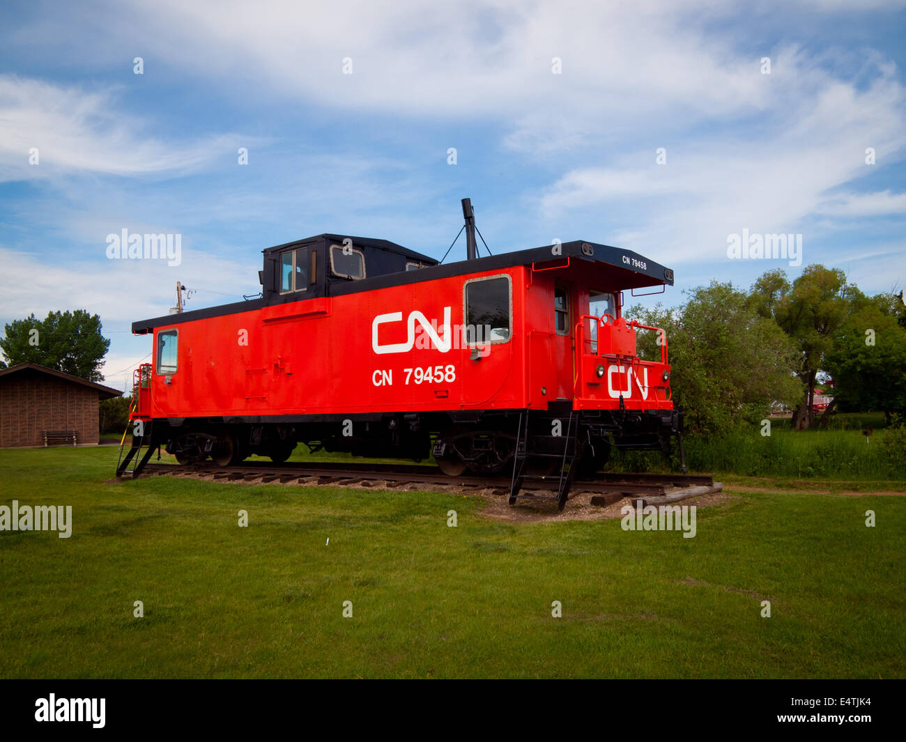 Una vista di un Canadian National Railway train caboose in Vegreville, Alberta, Canada. Foto Stock