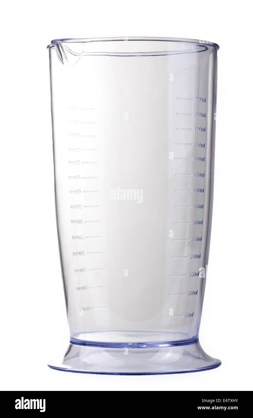 Dimensioni tazza in plastica su un bianco sfondo isolato Foto Stock