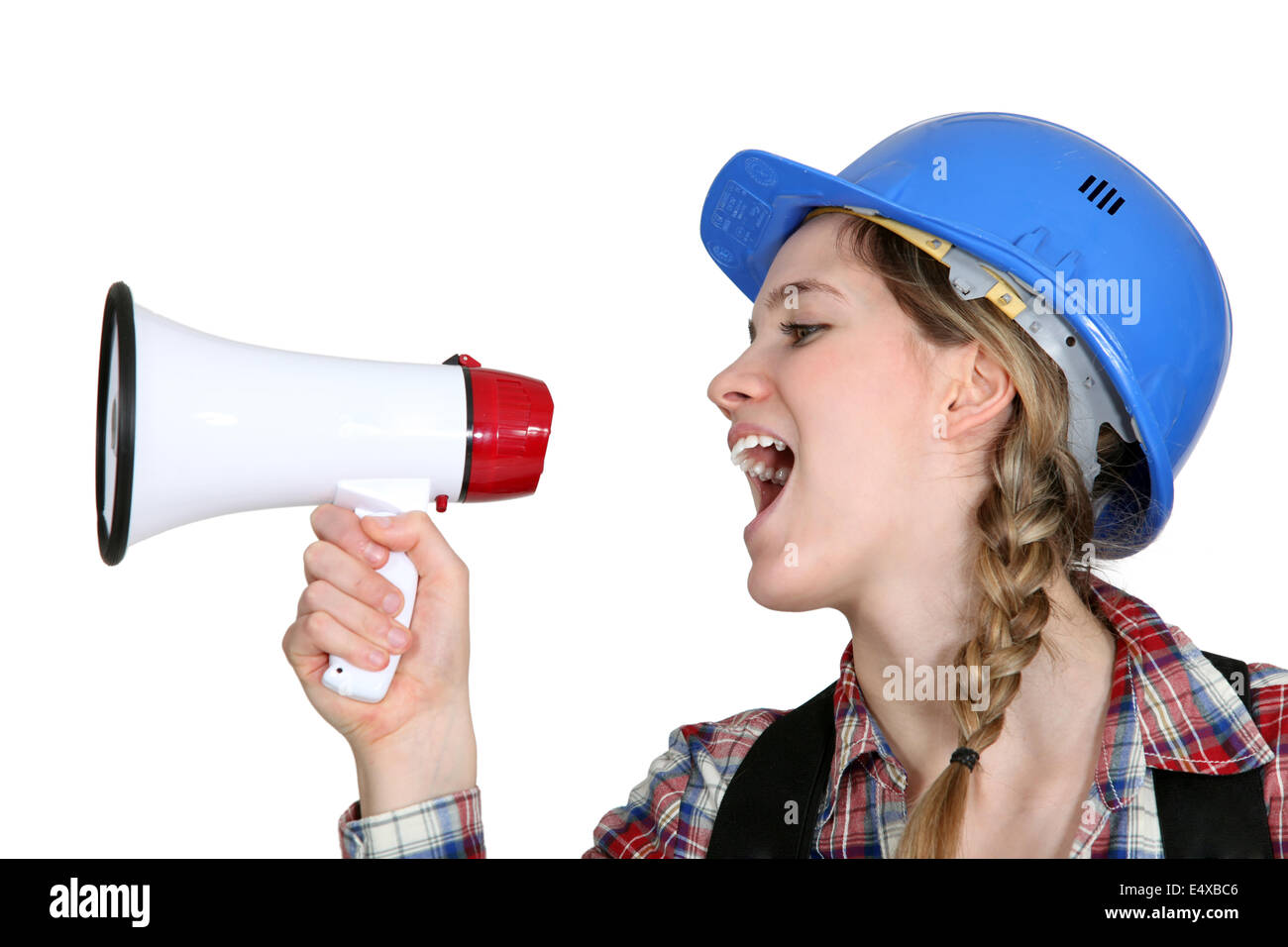 La predicazione femminile con megafono Foto Stock