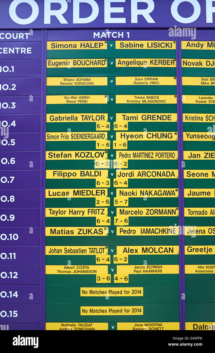 Wimbledon Tennis Championship 2014, ordine di gioco, quarti di finale giorno 2/7/14 Foto Stock