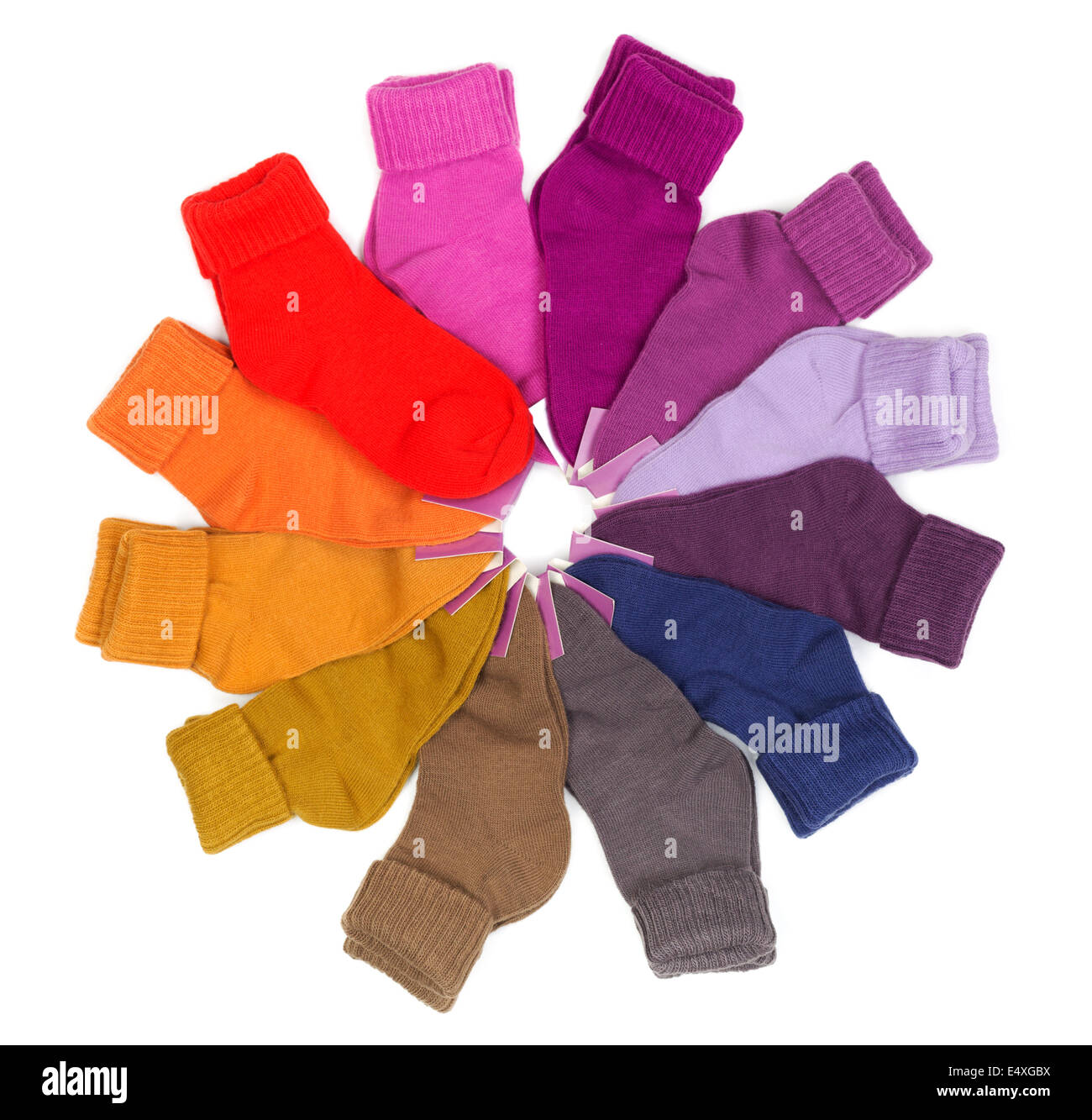 Nuove calze colorate impilate intorno Foto Stock