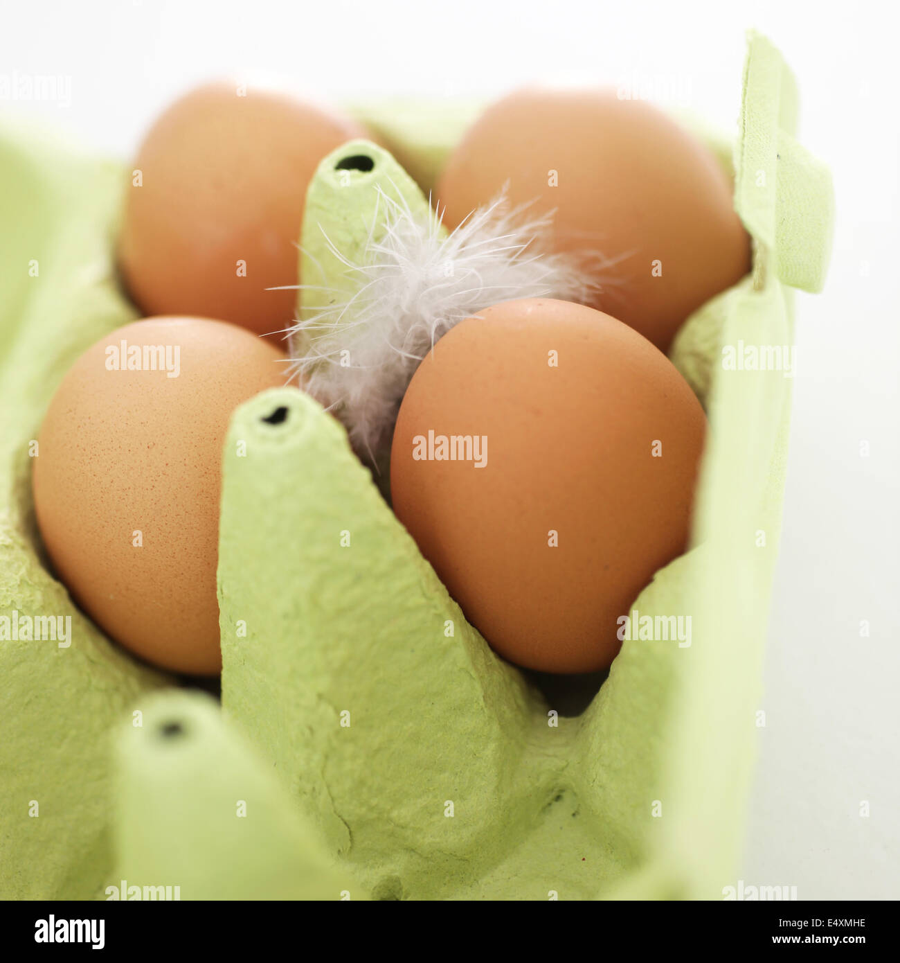 Scatola di cartone con le uova e una piuma Foto Stock